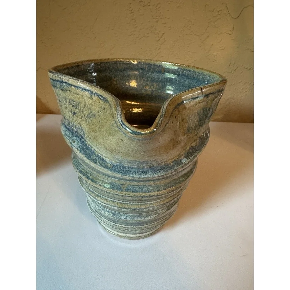 Signed Studio Art Pottery Pitcher Blue Green Earth Tone Glaze 2003 Jug